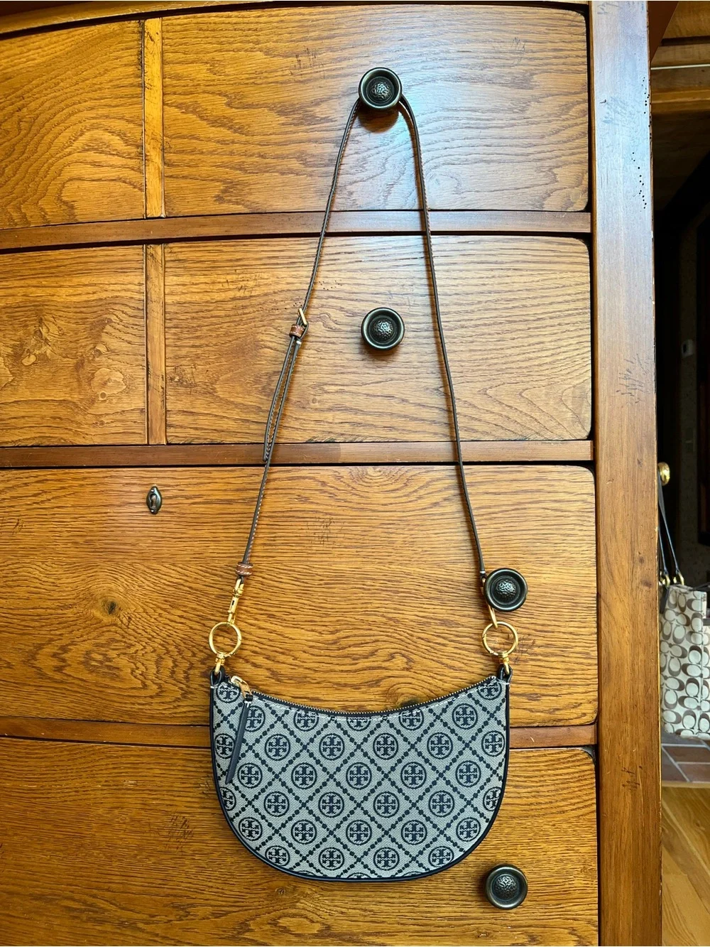 Tory Burch Navy Blue T Monogram Jacquard Mini Curved Hobo Bag